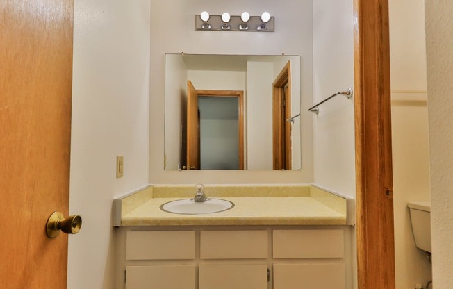 a bathroom with a sink and a mirror