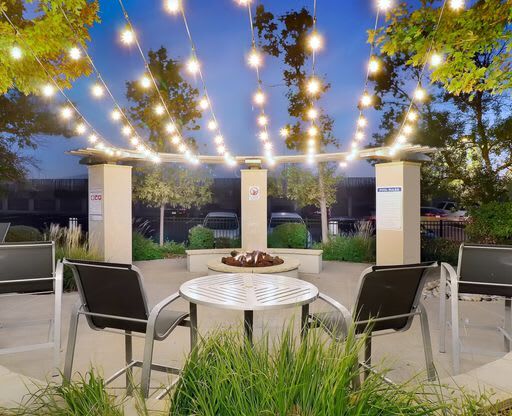 night shot of outdoor lounge area at Alvista Nine Mile, Asheville, NC