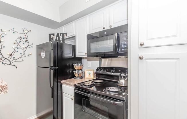 A modern kitchen featuring a black refrigerator, a black stove, and a microwave mounted above. The cabinets are white, with a decorative wall piece made of branches and small colored balls. A small countertop display includes a plant and a framed sign that reads "EAT."