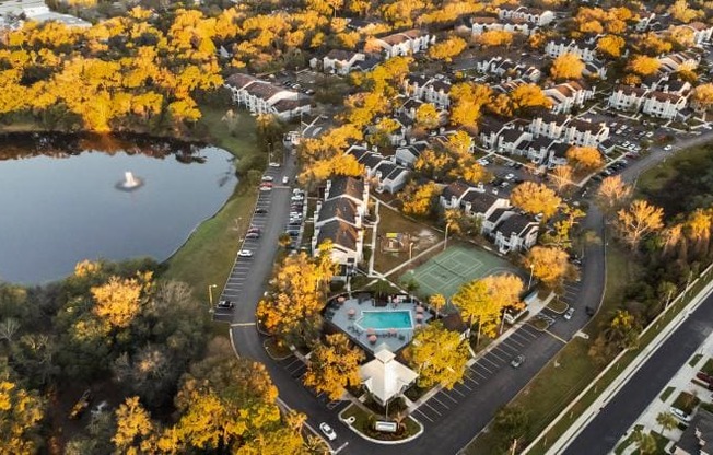 an aerial view of a city with trees and a lake