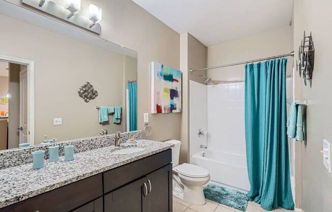 A bathroom with a white toilet, a sink with a mirror above it, and a shower with a blue curtain.