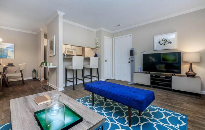 A furnished living room with blue rug at Ashley Oaks Apartments in Greensboro, North Carolina