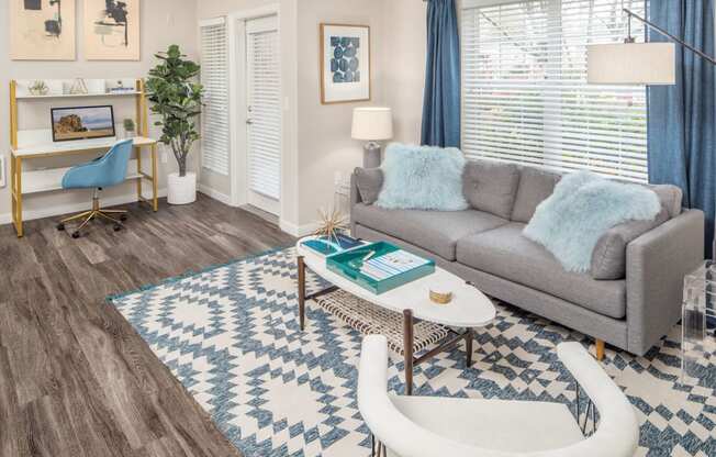 a living room with a gray couch and a blue and white rug