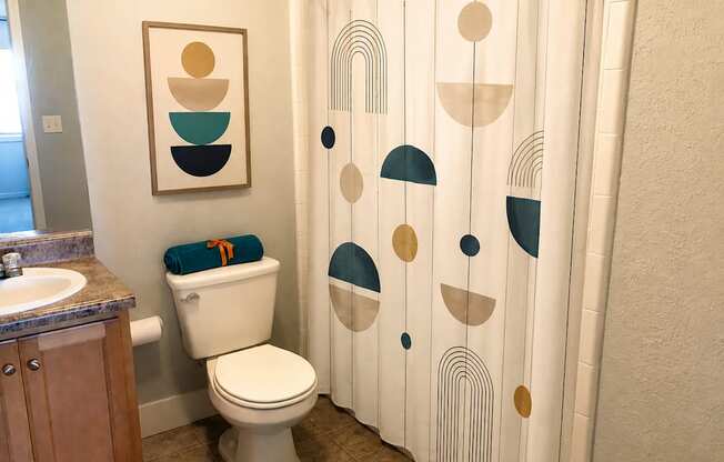 A bathroom with a toilet, sink, and shower curtain.