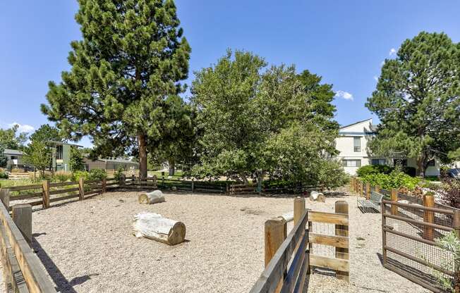 a dog park with trees and a wooden fence