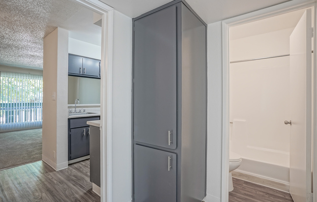 Dark grey storage cabinet at Treehouse Apartments in Albuquerque, New Mexico
