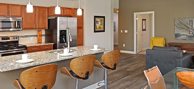 a kitchen and living room with a table and chairs