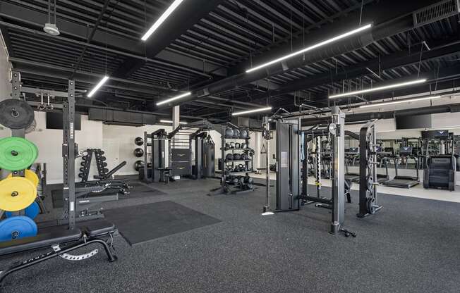 a view of the fitness center with weights and cardio equipment in a gym