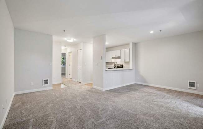 A spacious room with a carpeted floor and a kitchen area in the background.