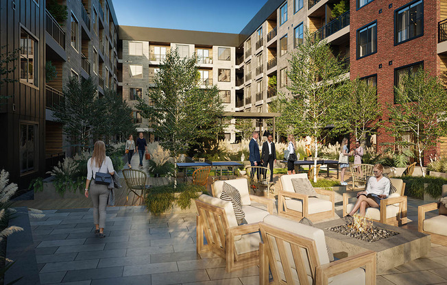 a rendering of a courtyard with benches and trees