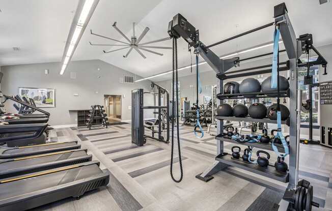 A gym with treadmills, weights, and exercise equipment.