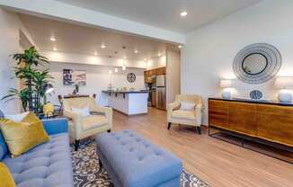 a resident clubhouse with couches chairs and a kitchen in the background