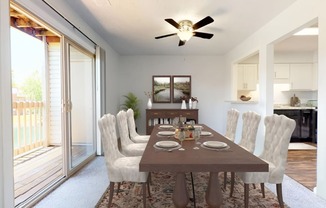 a dining room with a wooden table and chairs and a ceiling fan