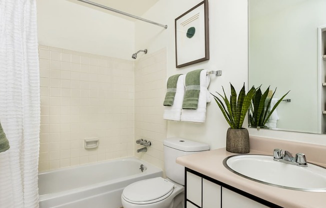 A bathroom with a white toilet, a white bathtub, a white sink, and a white shower curtain.