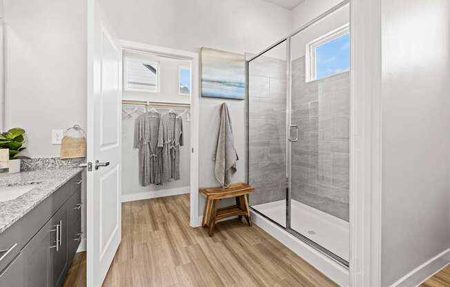 Primary bathroom with spacious walk-in closet and premium finishes at Avilla Lakeridge in Arlington 75002.
