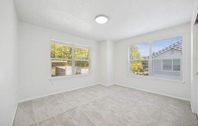 A room with a carpeted floor and two windows with blinds.
