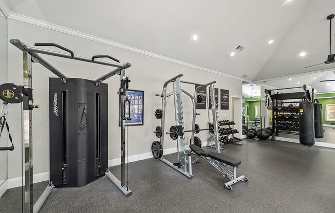 Community Fitness Center with Equipment at Bridges at Oakbend Apartments in Lewisville, TX.