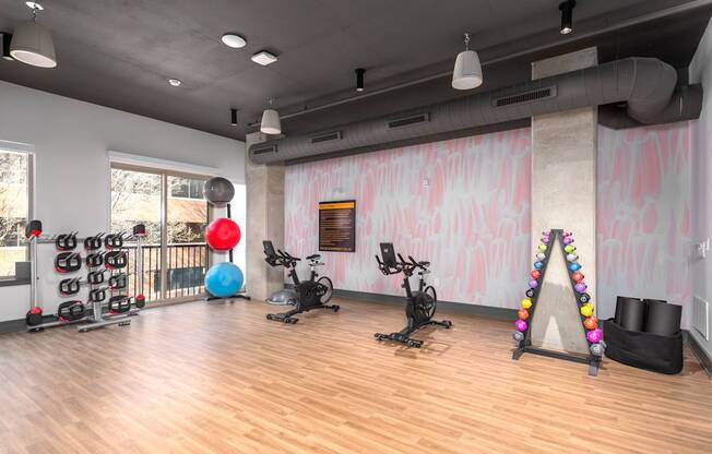 A gym with a variety of exercise equipment including a stationary bike, a rowing machine, and a weight rack.