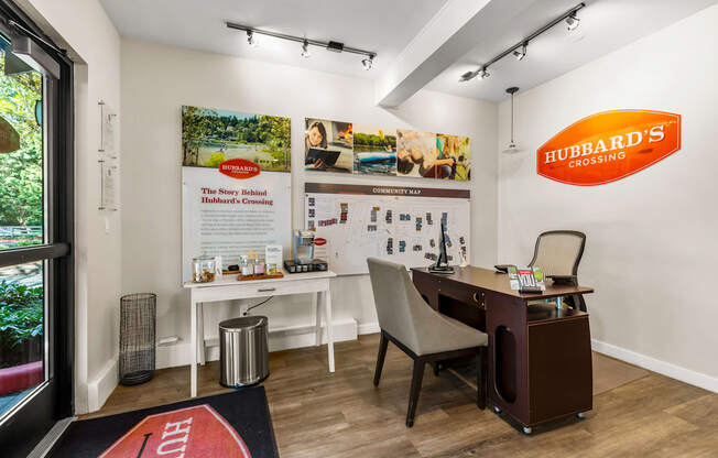 A room with a desk and a chair in it.