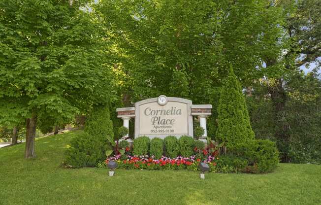 a sign for comida place in front of trees and flowers