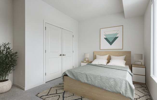 a bedroom with a bed and a painting on the wall