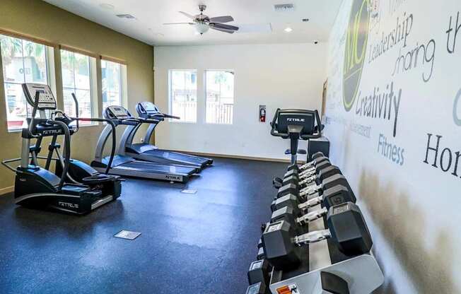 A gym with treadmills and elliptical machines.