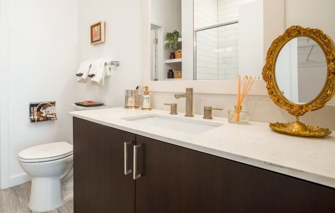 Model bathroom with dark vanity