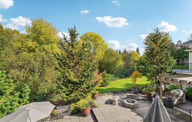 A backyard with a patio and a fire pit.