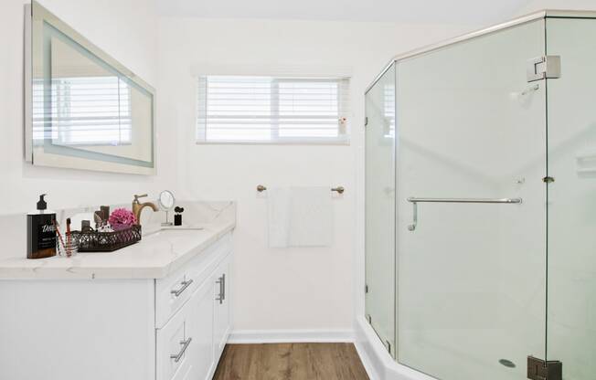 a bathroom with white walls and a glass shower