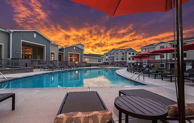 Beautiful Sunset at Colorado Springs Apartments with Pool and Deck