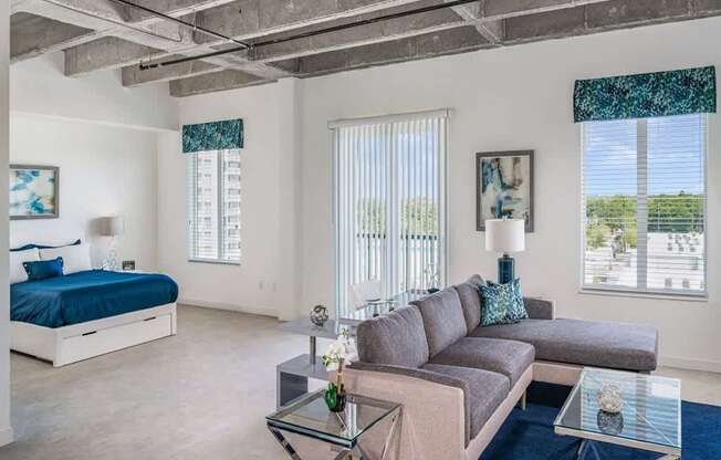 A living room with a grey couch and a bed with blue bedding.