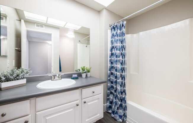 a bathroom with a sink and a bathtub with a shower curtain
