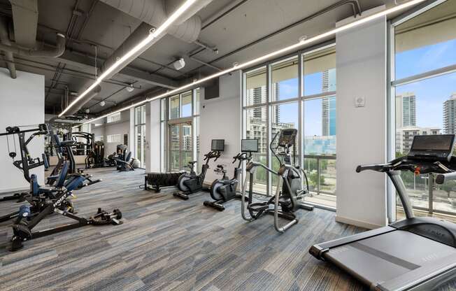 an image of a gym with cardio equipment and a view of the city