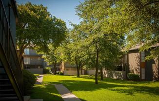 community buildings with green trees