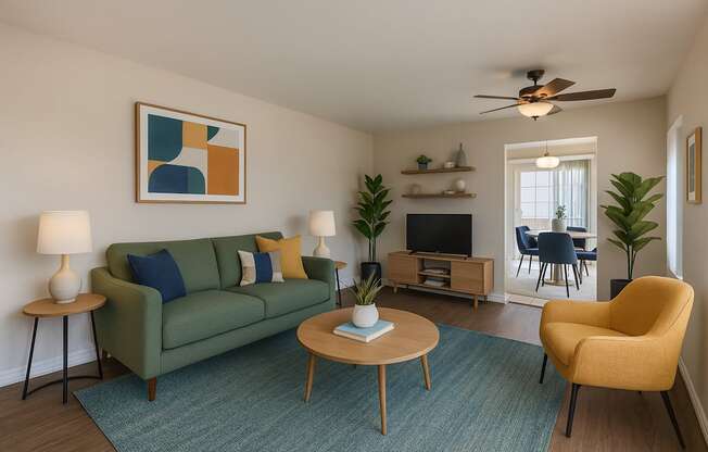 A living room with a green couch, a yellow chair, and a painting on the wall.