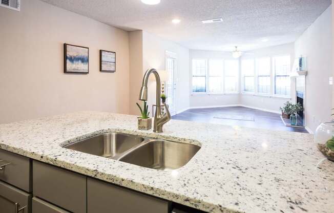 Kitchen Sink with living room in the background at Eclipse Apartments in Duluth