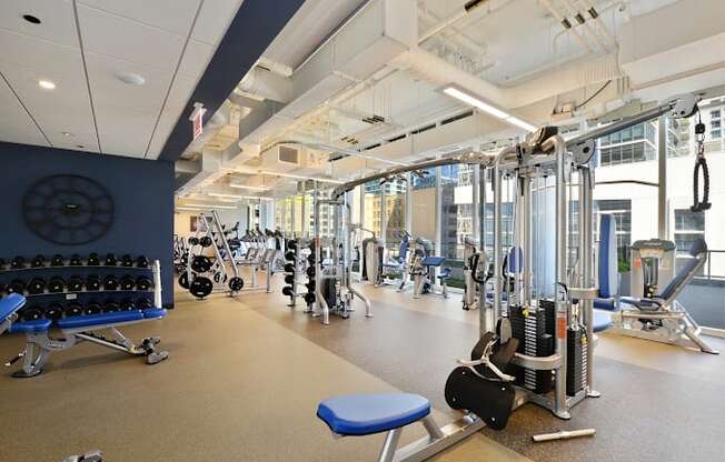 a gym with weights and cardio equipment in a building