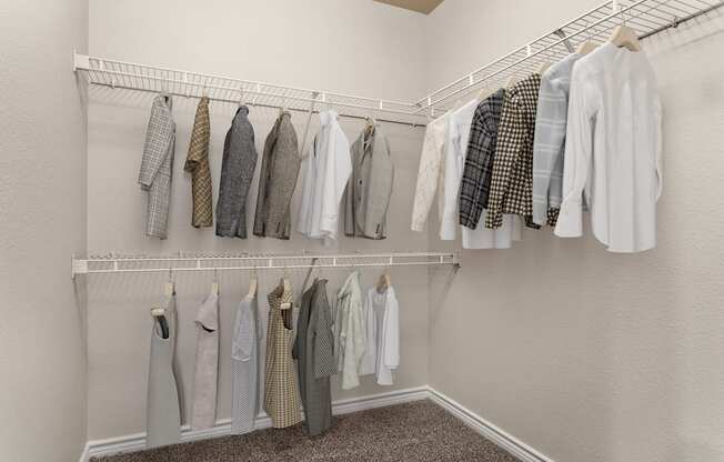 a walk in closet with white walls and a white rod with clothes hanging on it