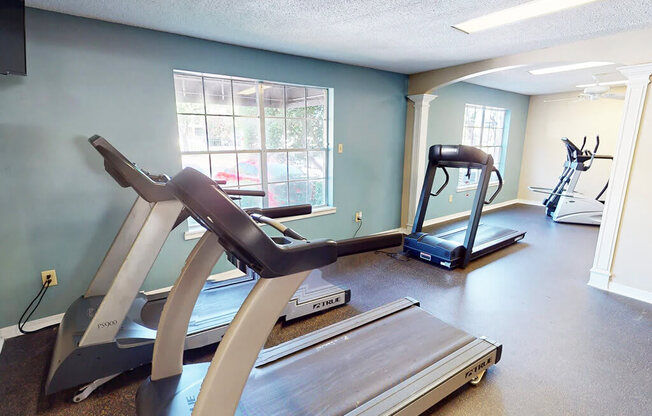A treadmill and a rowing machine are in a spacious room.