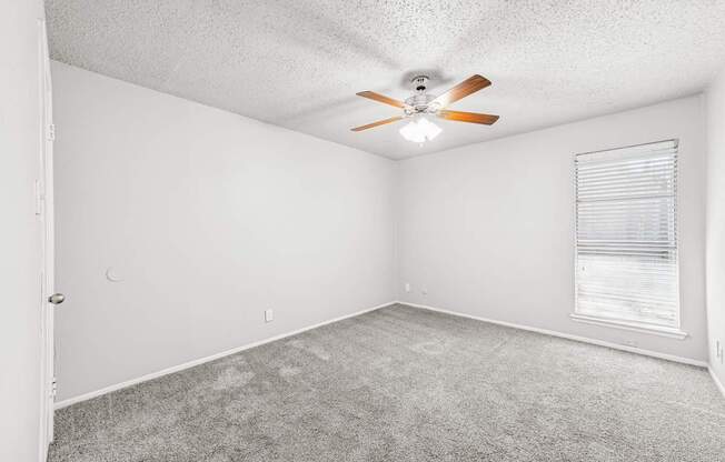 A room with a ceiling fan and carpeted floor.