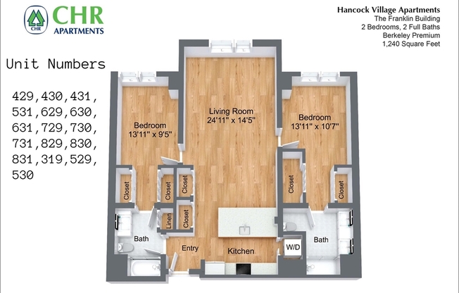 2 beds, 2 baths, 1,240 sqft, $4,605, Unit 430