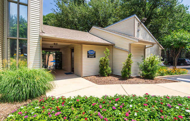 The entrance to the leasing office at Canyon Creek Apartments in the Dallas Midtown neighborhood of Dallas, TX.