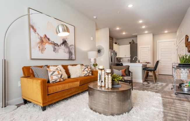 living room area of an apartment at the cannery at packing district