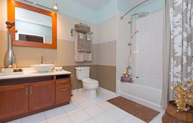 a bathroom with a shower toilet and sink