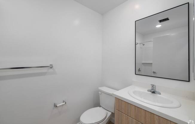 a bathroom with a sink toilet and a mirror