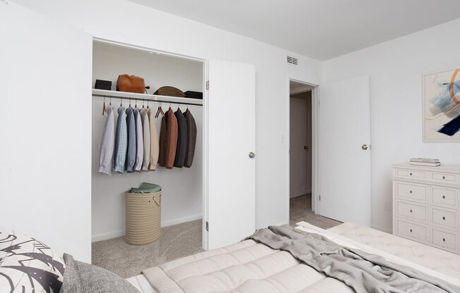 a bedroom with a closet and a bed and a closet with clothes hanging on it