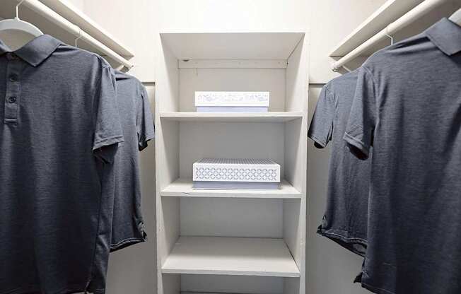Closet with shelves and hanging shirts.