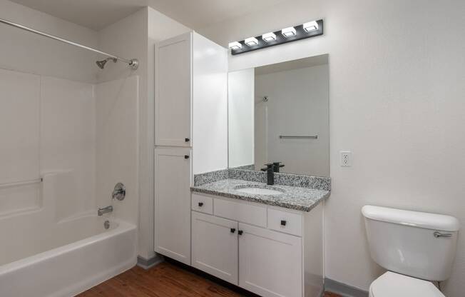 a bathroom with a toilet sink and mirror and a tub