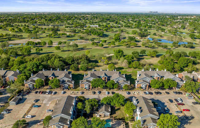 aerial shot of apartment overlooking golf course