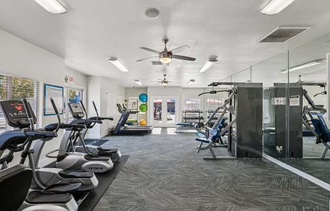 A gym with treadmills, exercise equipment, and a fan.